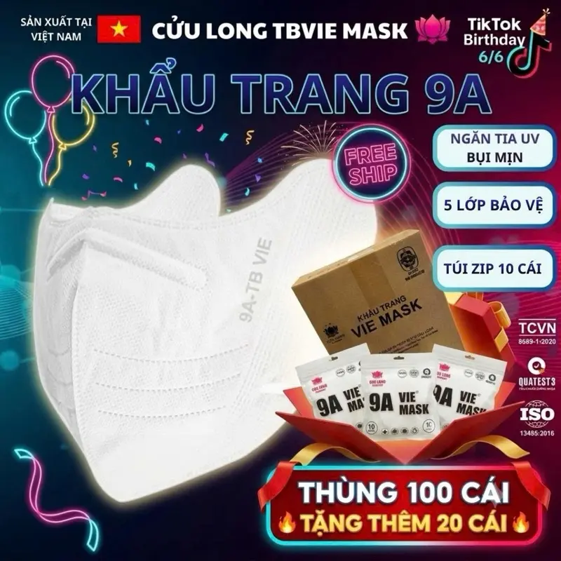5 LỚP 100 TẶNG 20 Khẩu trang 9A  TBVIE Mask Kháng Khuẩn Chống Nắng Bụi Mịn Túi Zip 10 Cái Màu Sắc Đa Dạng Cho Người Lớn