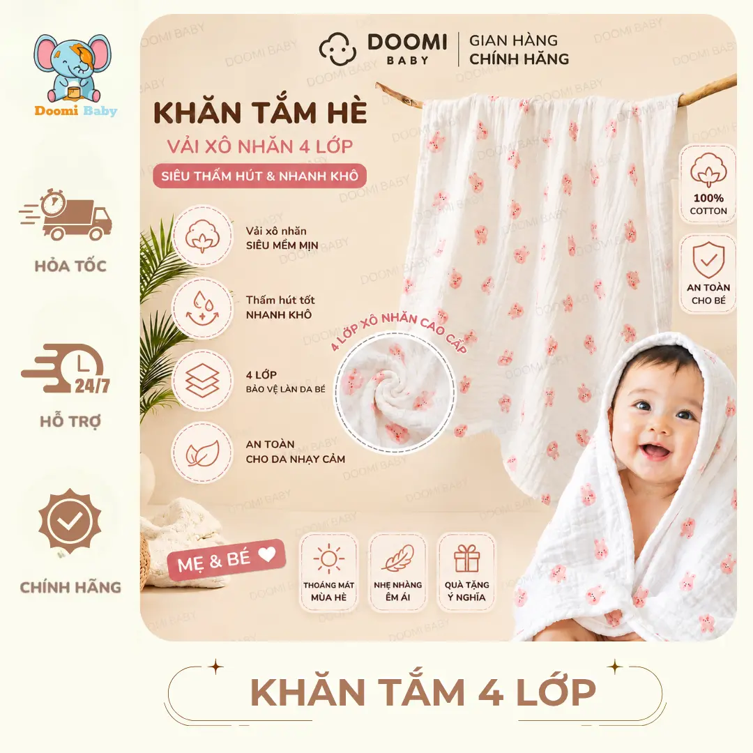 [Deal Sốc] Khăn Tắm Cho Bé Xô 4 Lớp 70*90 Mềm Mịn Thấm Hút Tốt Doomi Baby - HT618 - HT834 - 1