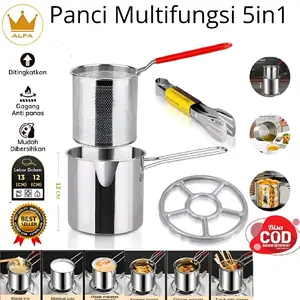 Penggorengan Mini 5In1 Stainless Steel Serbaguna dengan Saringan Masak Mie Penjepit Tatakan Kompor Fryer Anti Karat untuk Kompor Induksi Listrik Gas Ideal untuk Kentang Goreng Gorengan Bakso Ayam Wadah