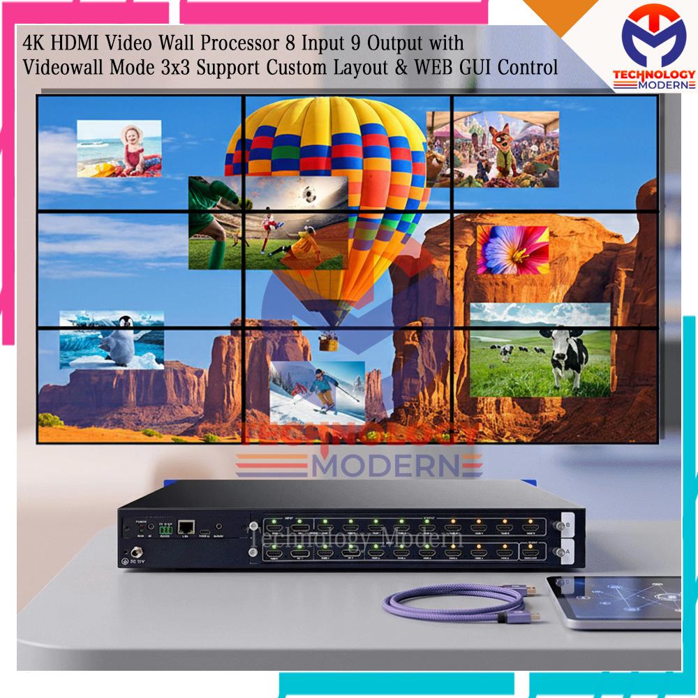 4K HDMI Video Wall Processor 8 Input 9 Output with Videowall 3x3 Mode Support Custom Layout & WEB GUI Control
