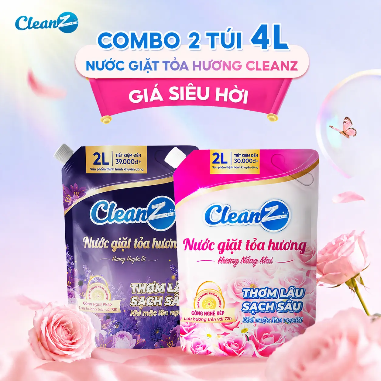 [MUA 2L TẶNG 2L] Nước Giặt Tỏa Hương CleanZ Công Nghệ Sạch Sâu, Lưu Hương Lâu Dài, Bảo Vệ Màu Quần Áo, Túi Giặt Dung Tích 2L Làm Sạch
