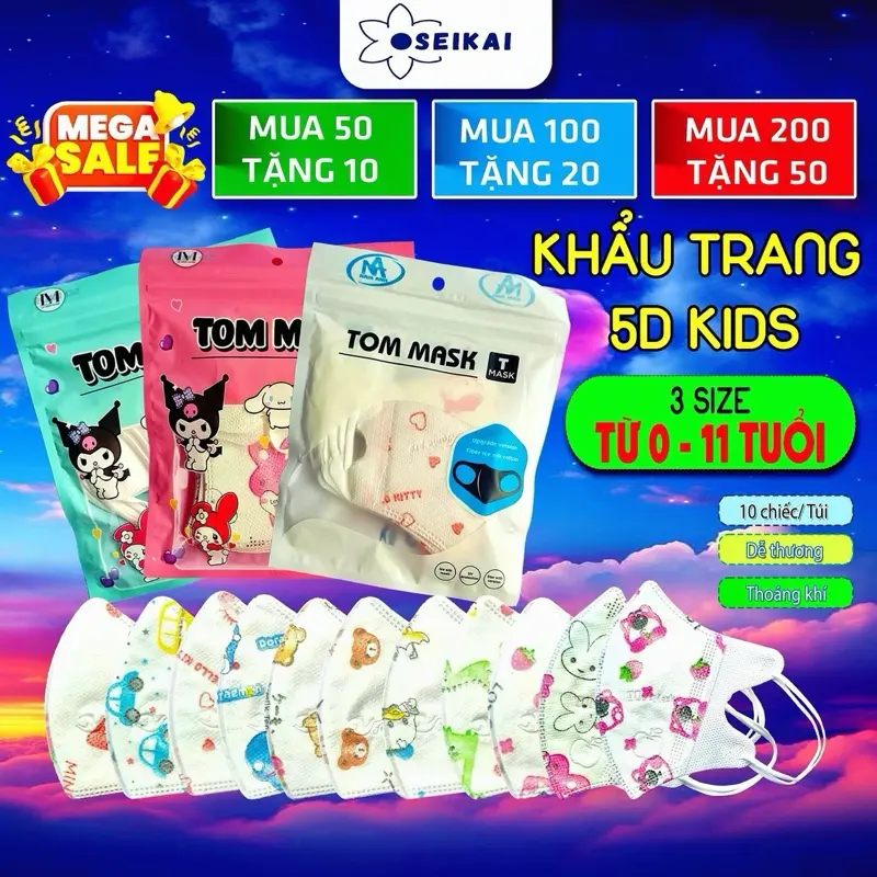 [ MUA Nhiều TẶNG nhiều] Khẩu Trang 5D Trẻ Em Tom Mask, có 3 size [0-11 tuổi], Hàng Loại 1 , in hình hoạ tiết cho bé, - 1
