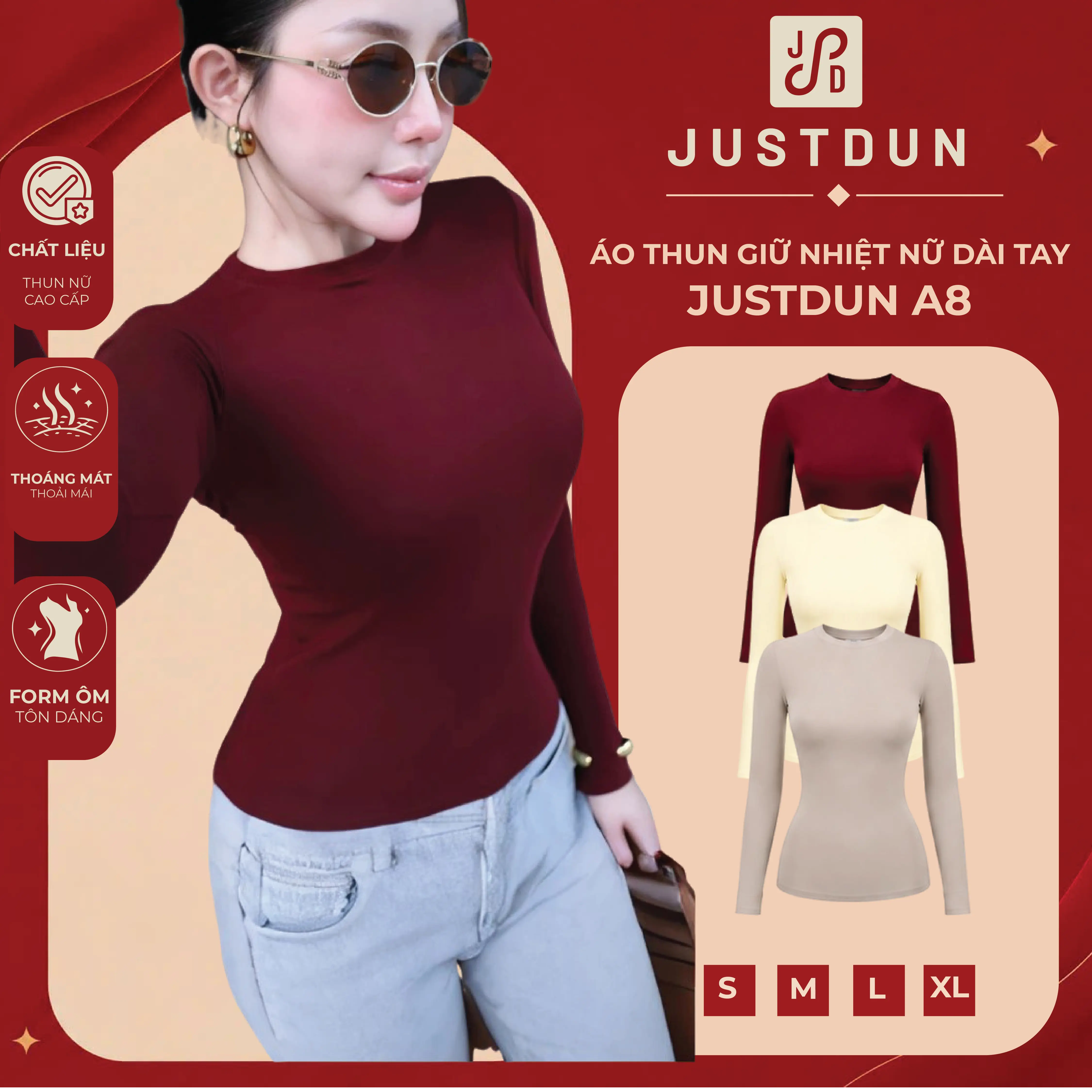[ XẢ KHO - Độc Quyền Live] Áo Thun Giữ Nhiệt Nữ Dài Tay JUSTDUN A8 Cổ Tròn, Cotton Mịn Dày Dặn, Siêu Co Giãn Mềm Mại, Tôn Dáng Giữ Nhiệt