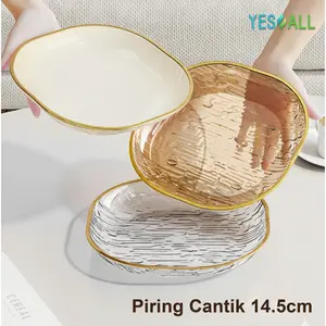 YESALL Piring Saji Mini Kotak 14.5cm – Ripple Transparan Tepi Emas Estetik Serbaguna | Untuk Dessert, Buah, Camilan, Lauk Kecil | PET Food Grade, Ringan, Tidak Pecah