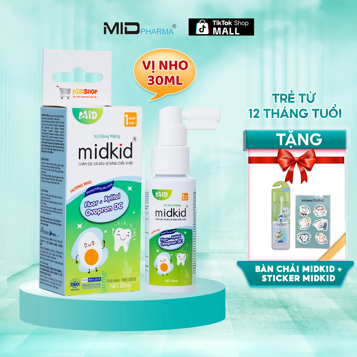 Xịt chống sâu răng Midkid cho trẻ nuốt an toàn, giúp làm sạch khoang miệng, loại bỏ mảng bám ố vàng, bảo vệ men răng - Tặng Bàn chải thẳng + Sticker