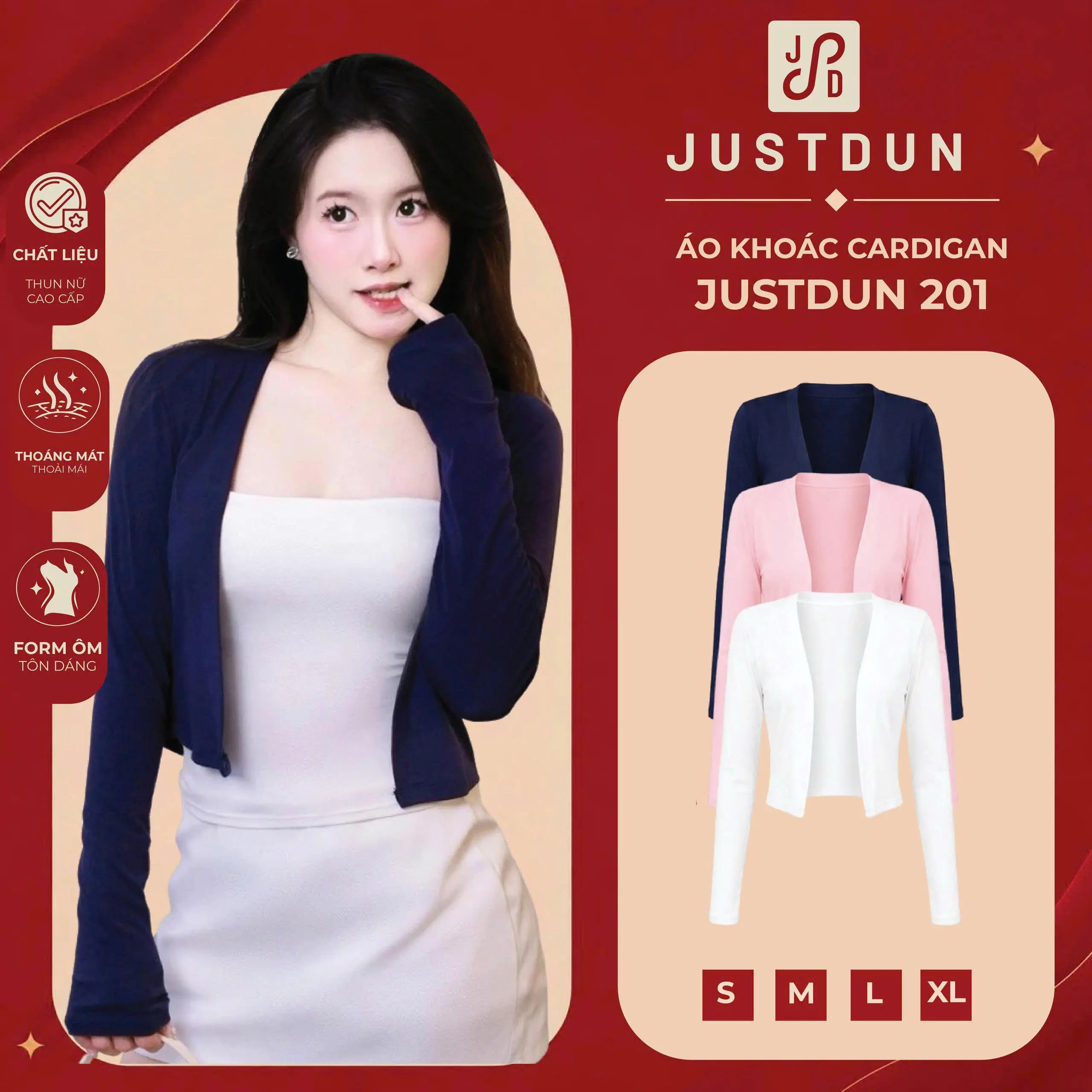 JUSTDUN Áo Khoác Cardigan 201 Nữ - Dáng Vừa, Vải Cotton Mịn, Mềm Mại, Thoáng Mát, Co Giãn Êm Ái