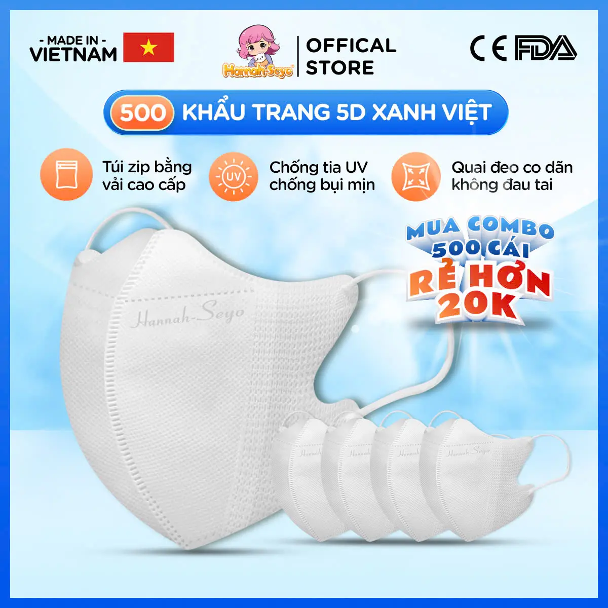 [COMBO GIÁ HỜI] Thùng 500c/300c chiếc Khẩu trang 5D Xanh Việt Hannah Seyo chống tia UV, Chống nắng & Bụi Mịn 3 Lớp Cao Cấp, Thiết Kế Thông Minh, Quai Co Giãn, Chống Hơi Nước