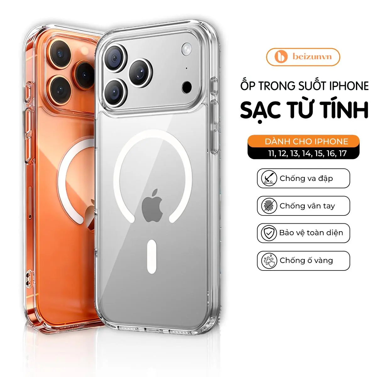 Ốp Lưng iphone Trong Suốt Chống Sốc - Hỗ trợ sạc từ tính không dây dành cho iphone 16 ,15 ,14 ,13 ,12, 11promax và 16, 15, 14 plus
