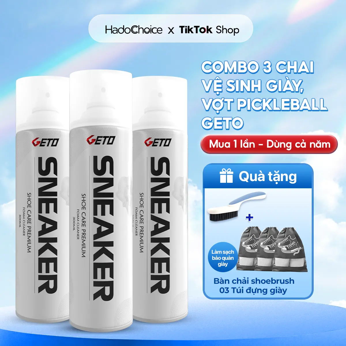 [MUA 3 ĐƯỢC 7] Combo 3 chai xịt tạo bọt vệ sinh giày, vợt pickleball GETO cao cấp