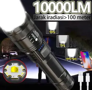【COD】 Senter Zoom Teleskopik Multifungsi 10000LM Lampu Terang Luar Ruangan LED Portabel Baterai Hitam USB Kecerahan Tinggi Jarak Jauh Super Senter Khusus Lampu Sorot