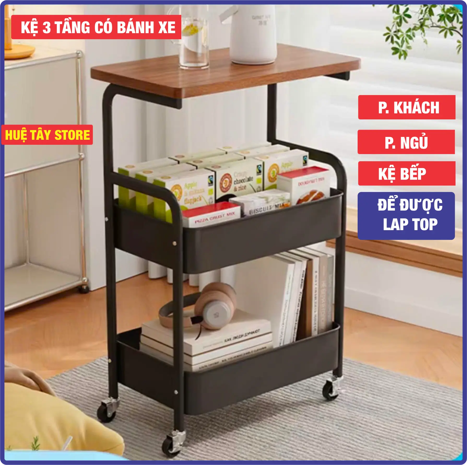 KỆ 3 TẦNG CÓ BÁNH XE (Chắc chắn) bằng kim loại , mặt bàn gỗ MDF- decor phòng khách, phòng ngủ, phòng bếp, kệ bánh xe khóa được A1
