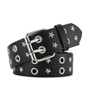 Y2k Belt Rantai Sabuk Keren Fashion Lubang Baris Ganda Gaya Punk Trendi Gaya Bintang Tali Pinggang Gesper Hitam Ikat Pinggang Pria Celana Kulit Pu Uniseks