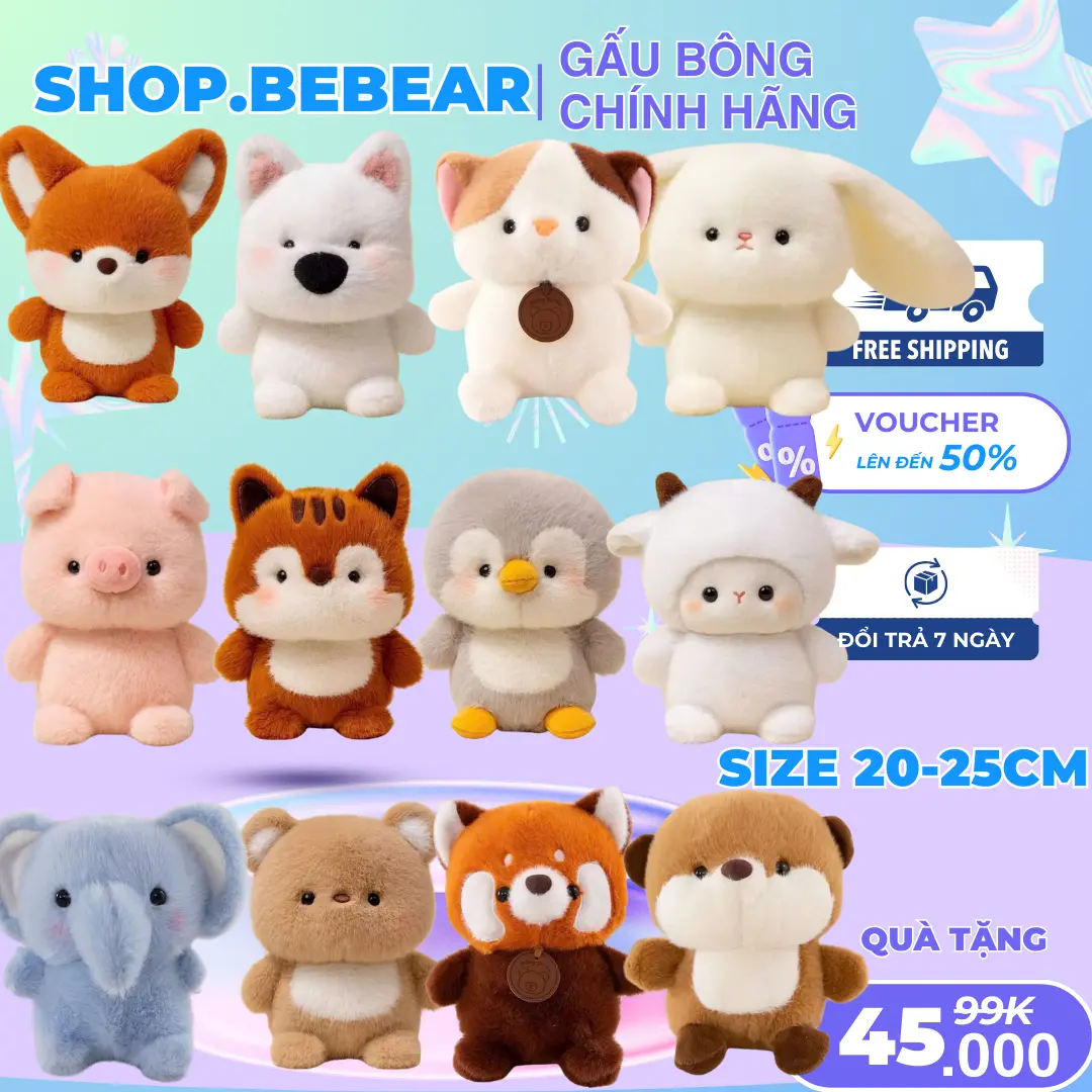 Gấu Bông mini các loại động vật heo, gà, voi, cáo, thỏ... nhỏ dễ thương làm quà tặng búp bê đồ chơi thú nhồi bông kích thước 20-25cm - 1