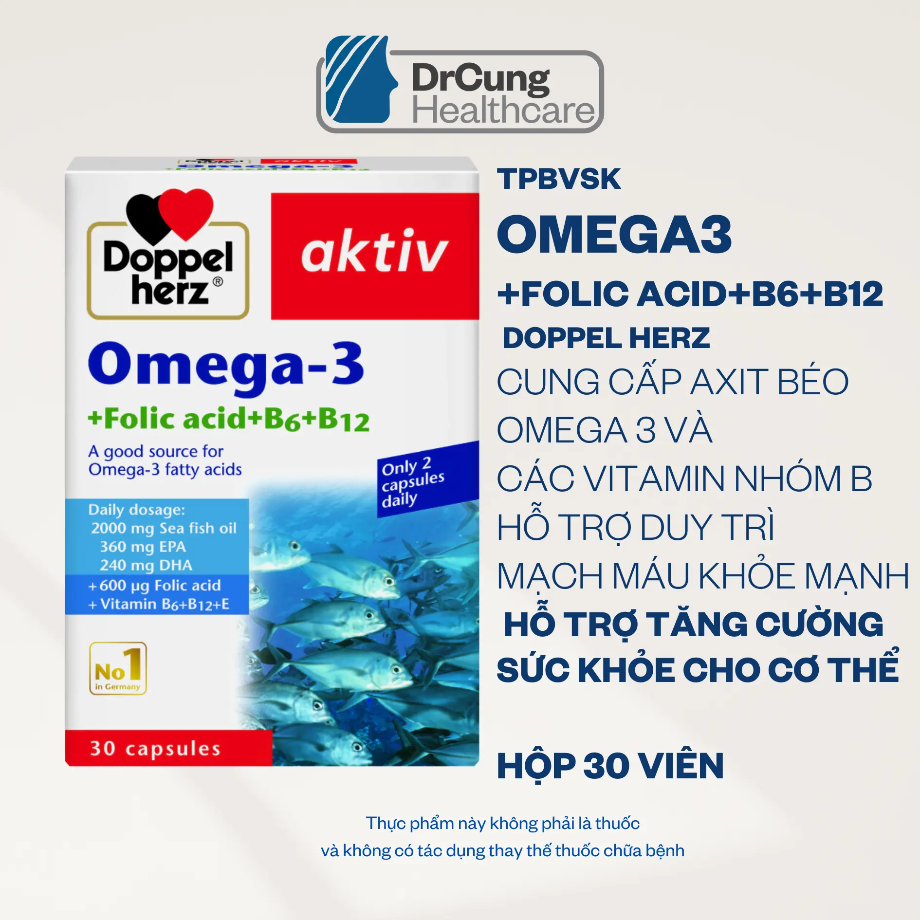 OMEGA 3 ĐỨC NHẬP KHẨU TPBVSK Doppelherz Omega-3 Dầu Cá Hộp 30 viên Hỗ trợ bổ sung DHA, EPA, Acid Folic, B6, B12 dành cho người lớn Hàng nhập khẩu chính hãng