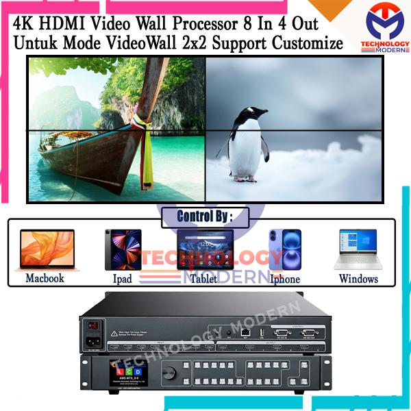 4K HDMI Video Processor 8 In 4 Out Untuk Mode 2x2 Video Wall For 4 Monitor Support Customize Layout