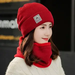 Winter Hats and Scarf Set Beanie Woman Thick Wool Neck Scarf