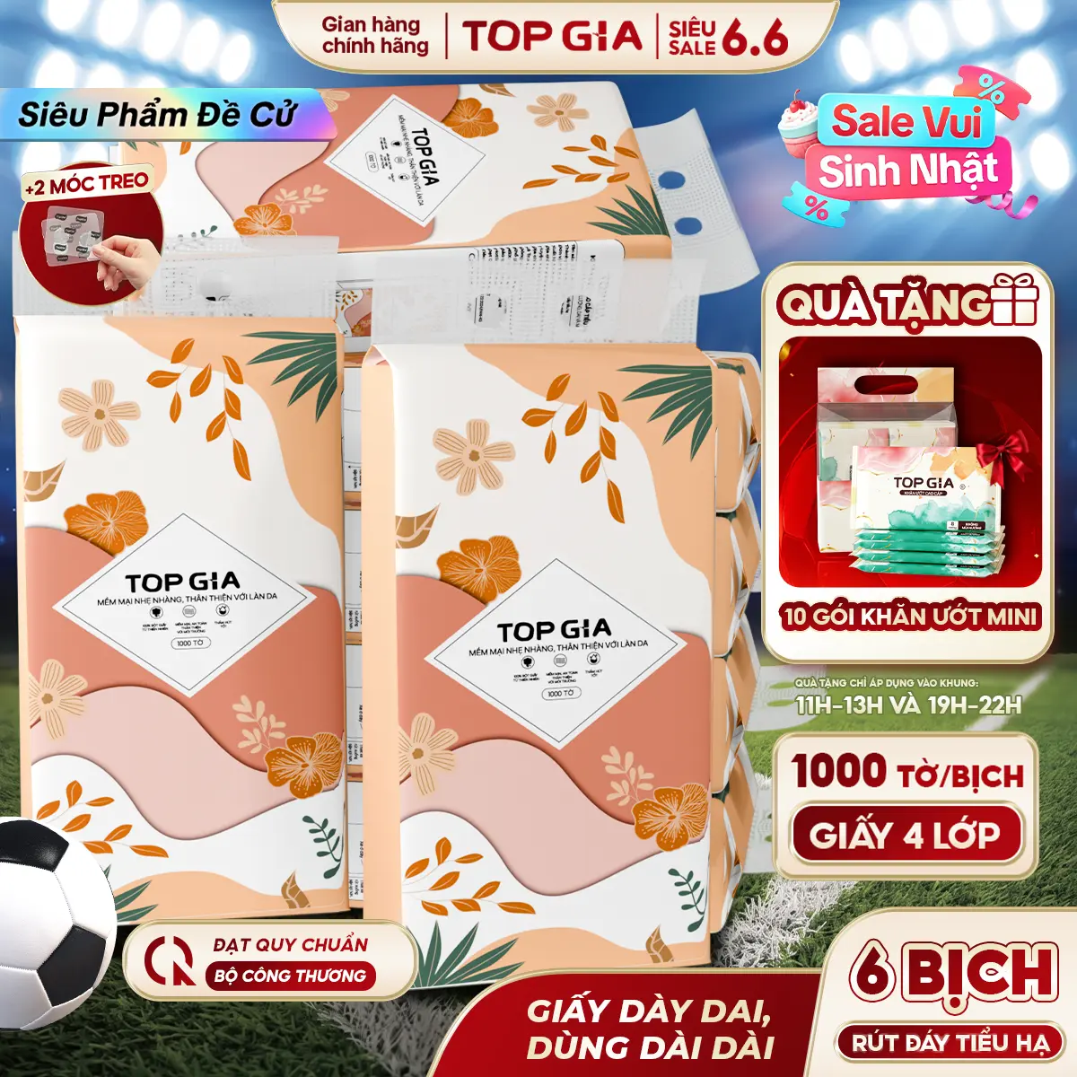 [SIÊU SALE SINH NHẬT 6/6] Thùng 6 Bịch Khăn Giấy Rút Đáy Tiểu Hạ TOPGIA 4 Lớp Mềm Mịn, Thành Phần Bột Gỗ Tự Nhiên Thân Thiện An Toàn, Khăn Giấy Vệ Sinh 1000 tờ,4 lớp Tặng 2 móc treo tiện lợi ĐẠT QUY CHUẨN CỦA BỘ CÔNG THƯƠNG VTG86