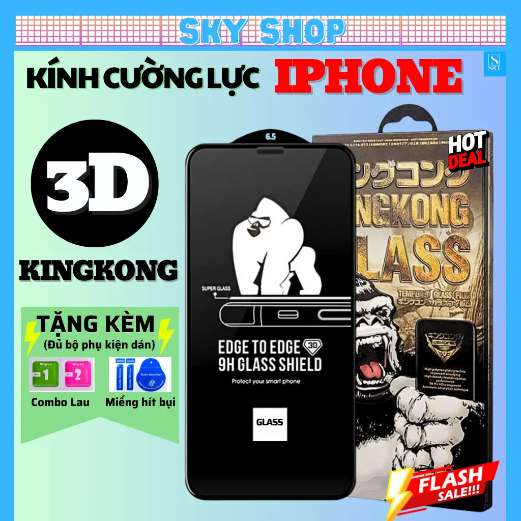 Kính cường lực iPhone KingKong 3D cho 11 pro max 12 pro max 13 promax 14 pro max 15 pro max 7 plus 8 plus 6 6s 16 Pro Max 17 ProMax 17 Air Full Màn siêu bền siêu mượt.