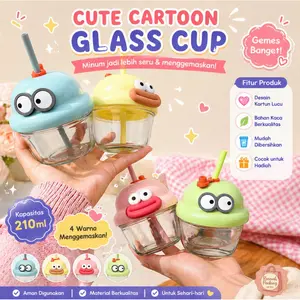 Mini Gelas kaca lucu anak/ botol minum kaca/ tumblr kaca anak/ souvenir ulang tahun