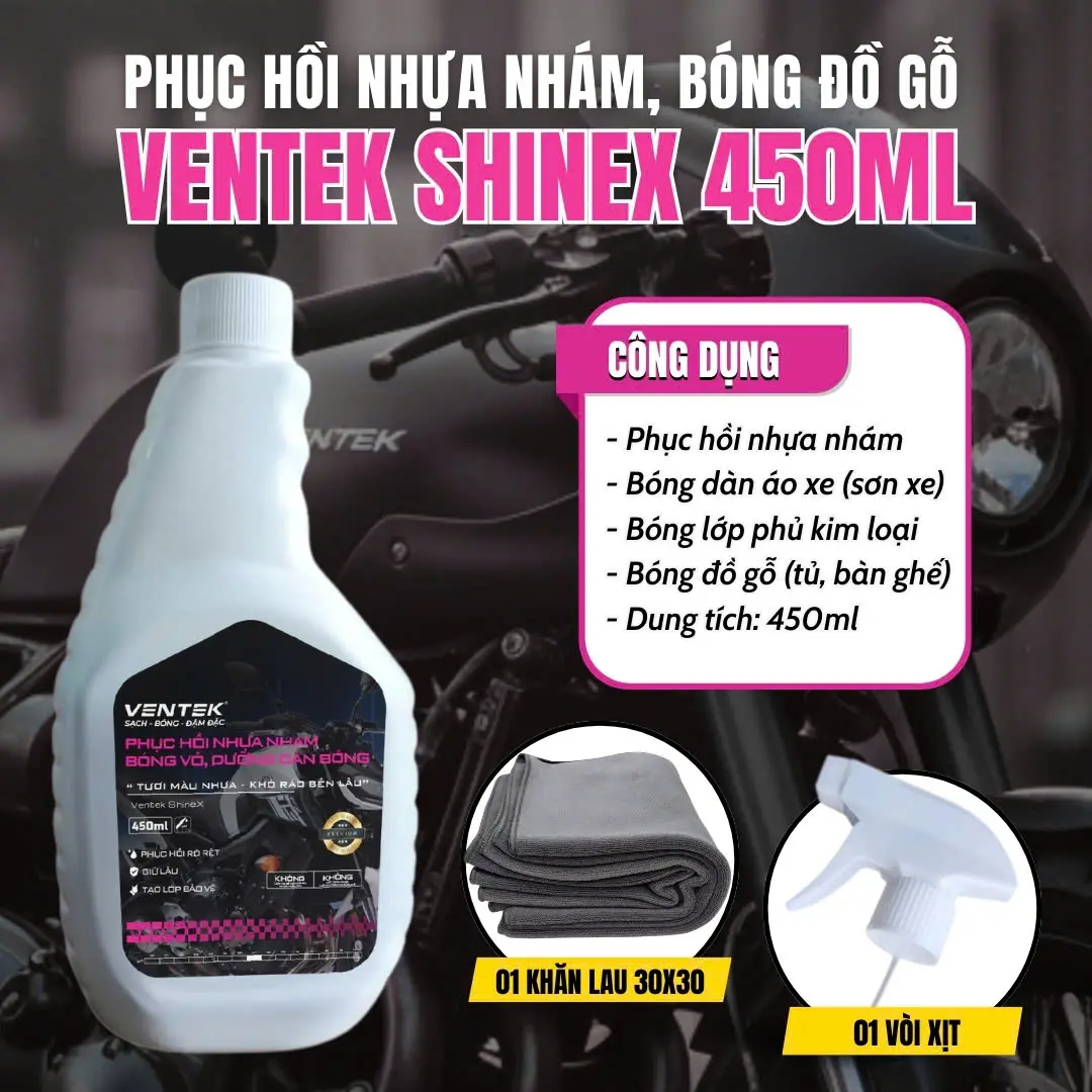 Chai Xịt Phục Hồi Phủ Bóng Nhựa Nhám & Dàn Áo VENTEK 450ml - PHỤC HỒI RÕ RỆT - GIỮ LÂU - TẠO LỚP BẢO VỆ