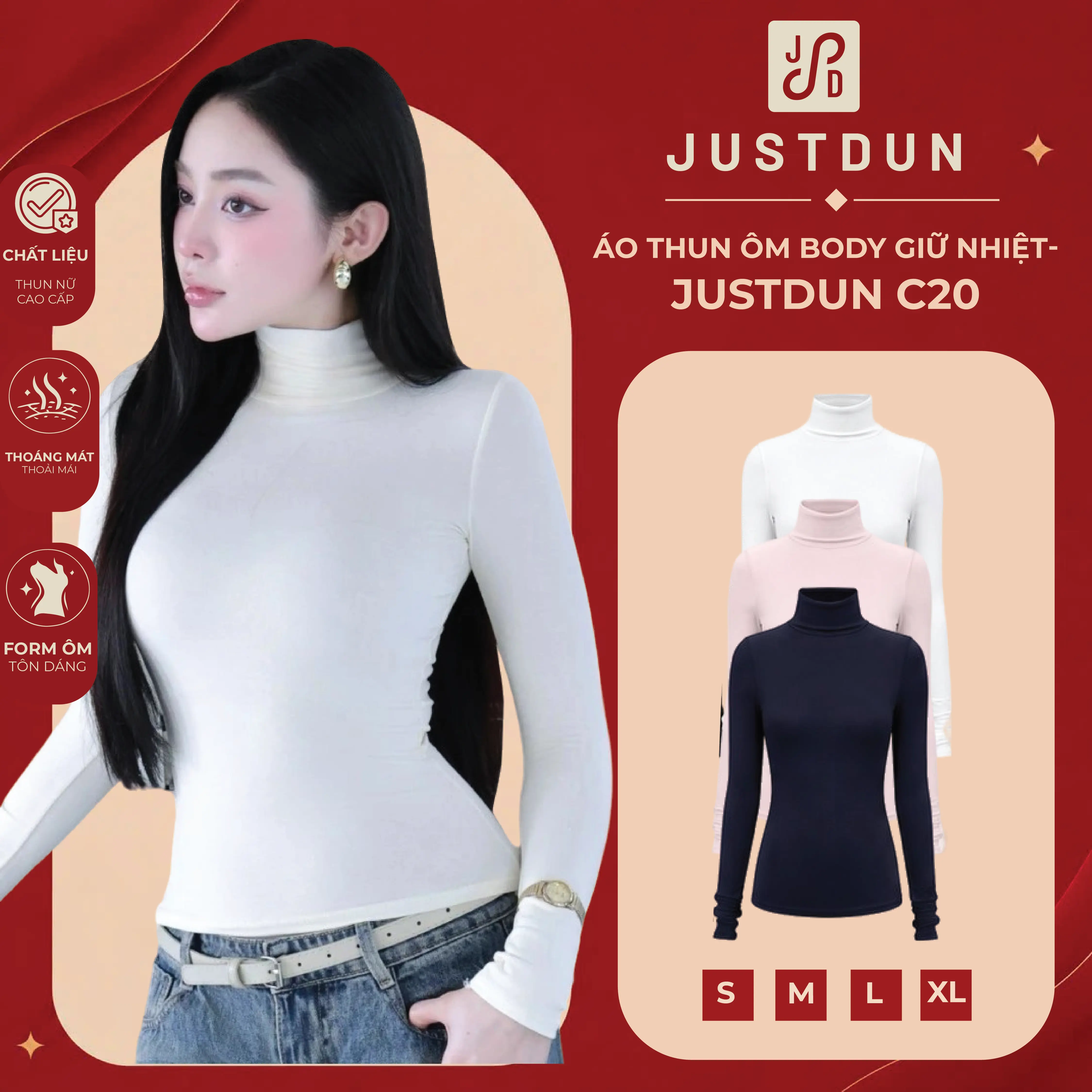 [DEAL XẢ KHO] Áo Thun Ôm Body Giữ Nhiệt Cổ Cao 8 Phân, Tay Dài JUSTDUN C20 – Chất Cotton Dày Dặn, Tôn Dáng