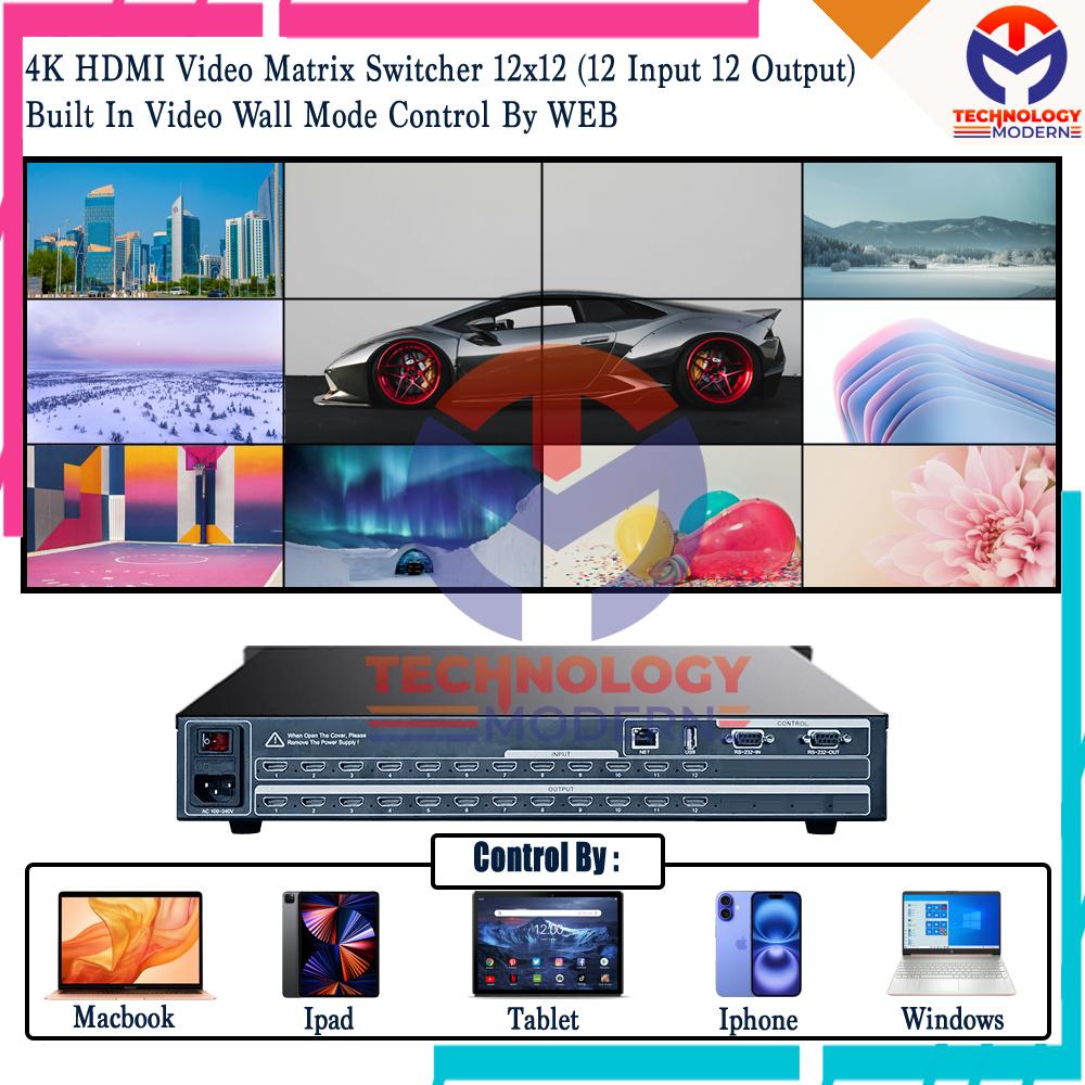 4K HDMI Video Matrix Switcher 12x12 (12 Input 12 Output) Built In Video Wall Controller 4x3 with Customize Preset
