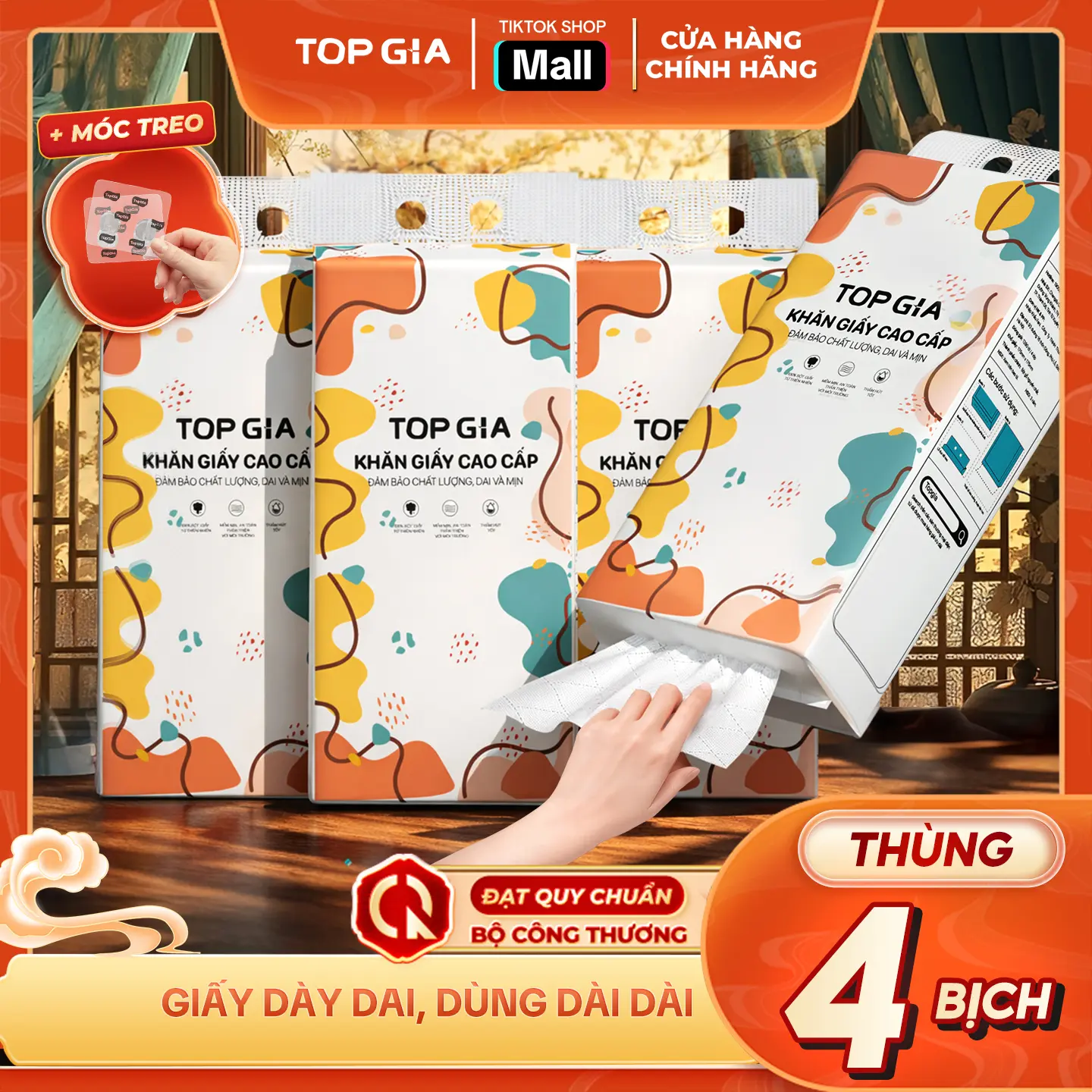 (THÙNG GIẤY LỚN CAO CẤP, KHỔNG LỒ) Thùng Khăn Giấy CỠ ĐẠI đa sắc 4 Bịch treo tiện lợi, an toàn Giấy Ăn TopGIa, giấy rút đa năng treo tường (mua 1 tặng 2 móc treo) Giấy Vệ Sinh ĐẠT QUY CHUẨN BỘ CÔNG THƯƠNG (SIZE XL -PREMIUM) (RDS)