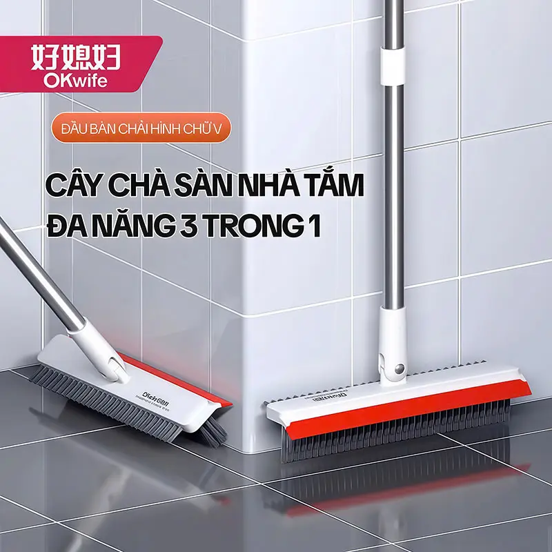 Cây Chà Sàn Nhà Tắm OKwife AGW-3458, Cây Chà Sàn Và Gạt Nước Đa Năng 3 Trong 1, Cán Dài 123cm