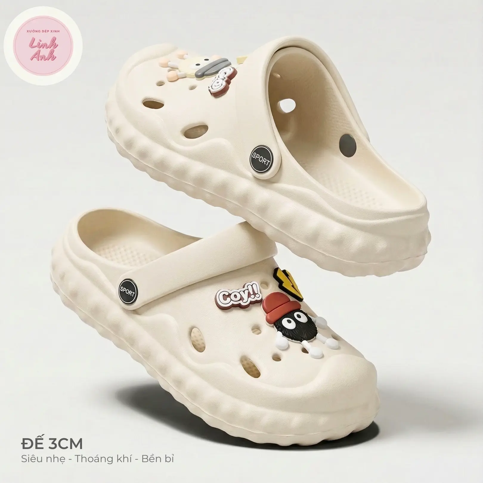 LA029-Sục Sandal, dép mây lượn viền gắn sticker bánh than, dép nam, dép nữ đi mưa đi nắng chất caosu chống trơn trượt  DéP Đế Bằng dép croptop Len