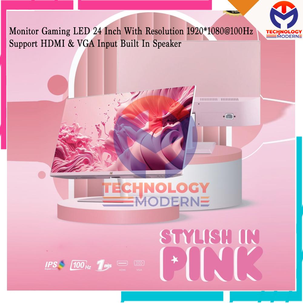 Monitor Gaming LED 24 Inch With Resolution 1920*1080@100Hz Support HDMI & VGA Input Built In Speaker Stylish In Pink