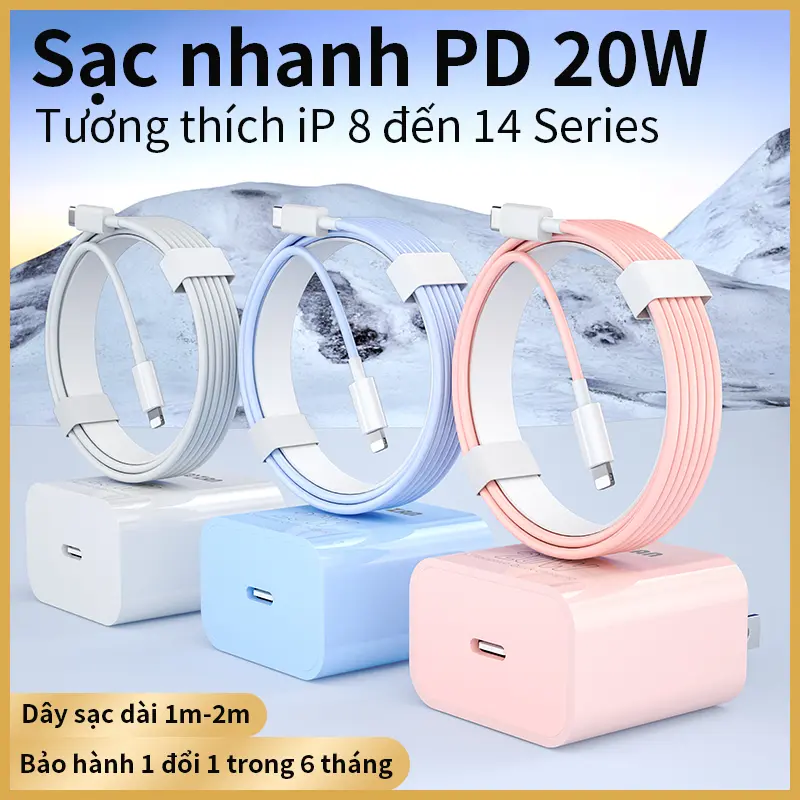 Bộ sạc nhanh IP , Đầu sạc nhanh PD20W, Cáp sạc nhanh 1m/2m,Trắng / Xanh / hồng, sạc 30 phút đầy đủ 60 %, Bảo Hành Đổi Mới 6 Tháng
