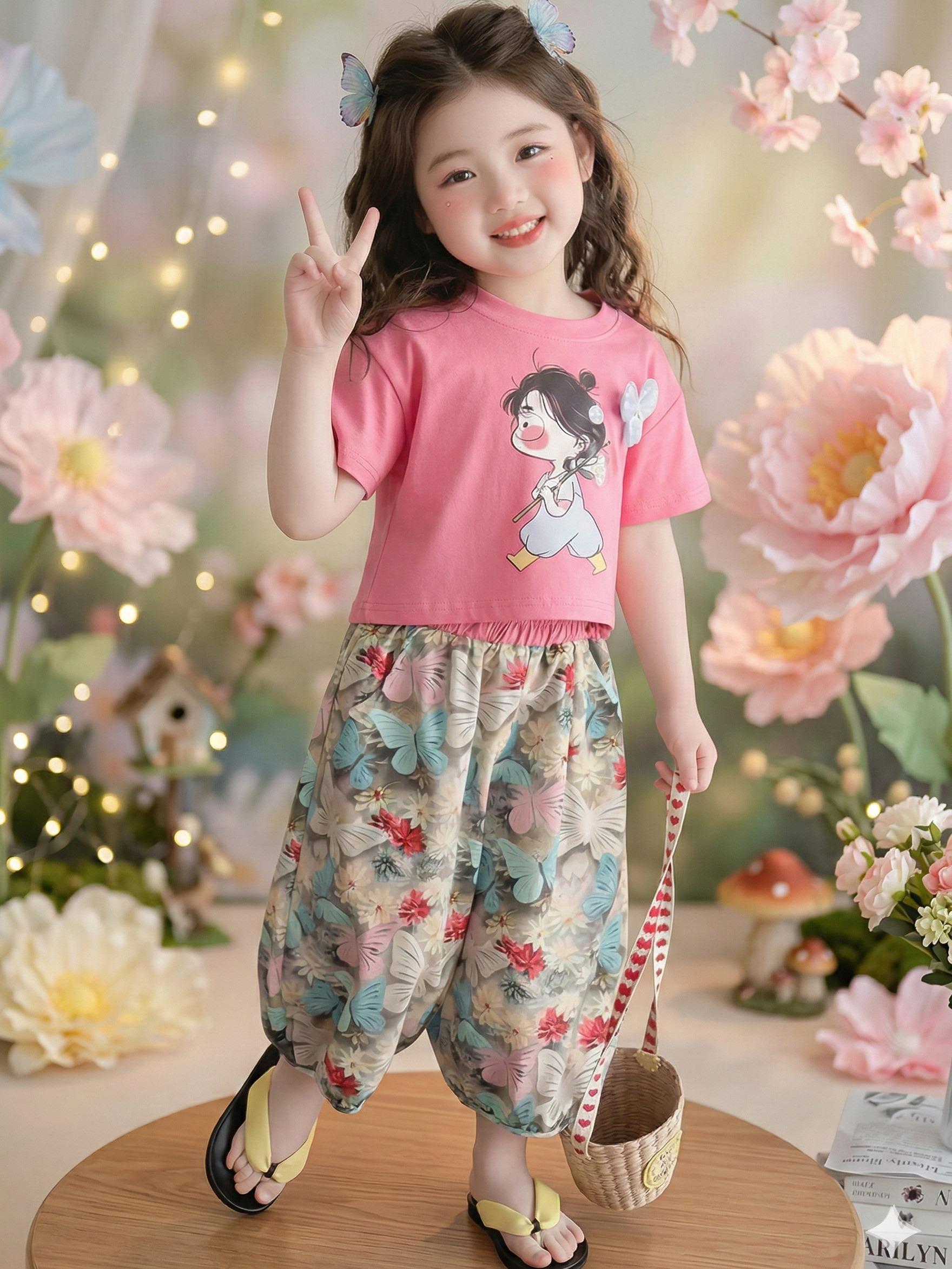Bộ quần áo bé gái mùa hè MẪU ÁO QUẦN IN HOA BƯỚM sz 14 - 42kg