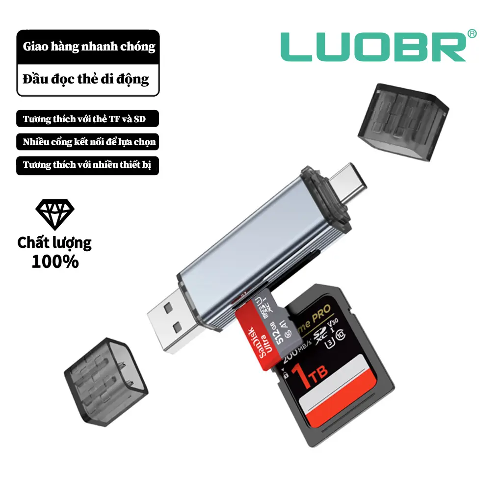 Đầu đọc thẻ nhớ SD TF cho điện thoại IP, Android, PC, Mac, Laptop, đầu đọc thẻ nhớ đa năng 2in1