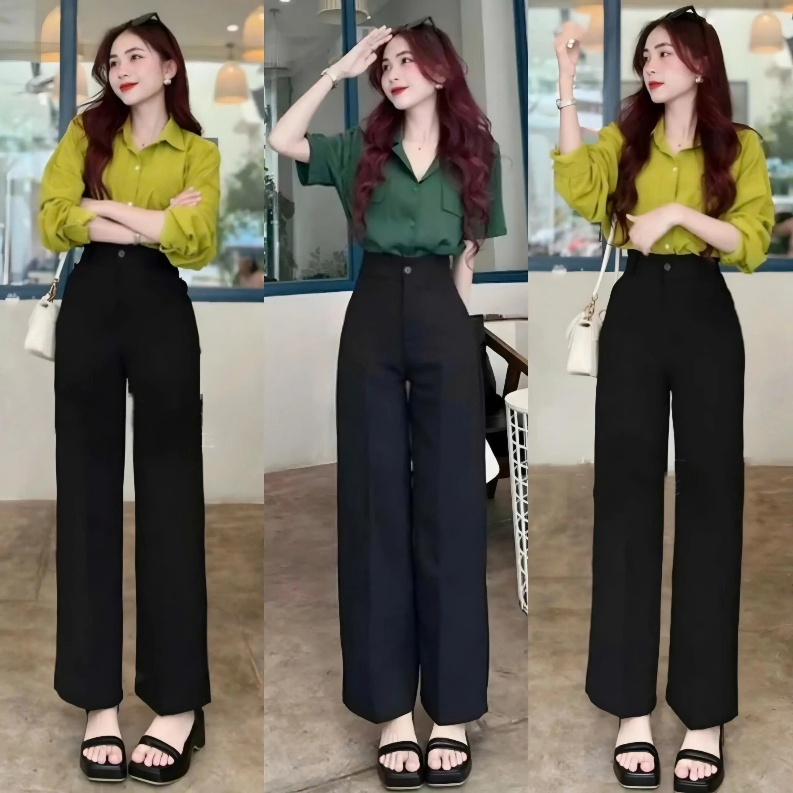 Quần tây nữ ống suông , quần tây ống rộng nữ màu đen dài 91-95cm Nữ Women Pants Đen Ong