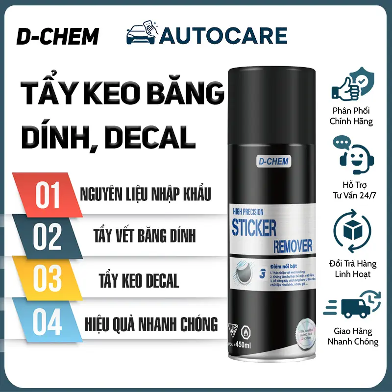 Chai 450ml Xịt Tẩy Keo Băng Dính & Decal - D-Chem Sticker Remover - Hiệu Quả Nhanh Chóng - An Toàn Cho Bề Mặt -  Phù Hợp Ô Tô, Xe Máy, Kính, Gạch Men, Gỗ, Nhựa