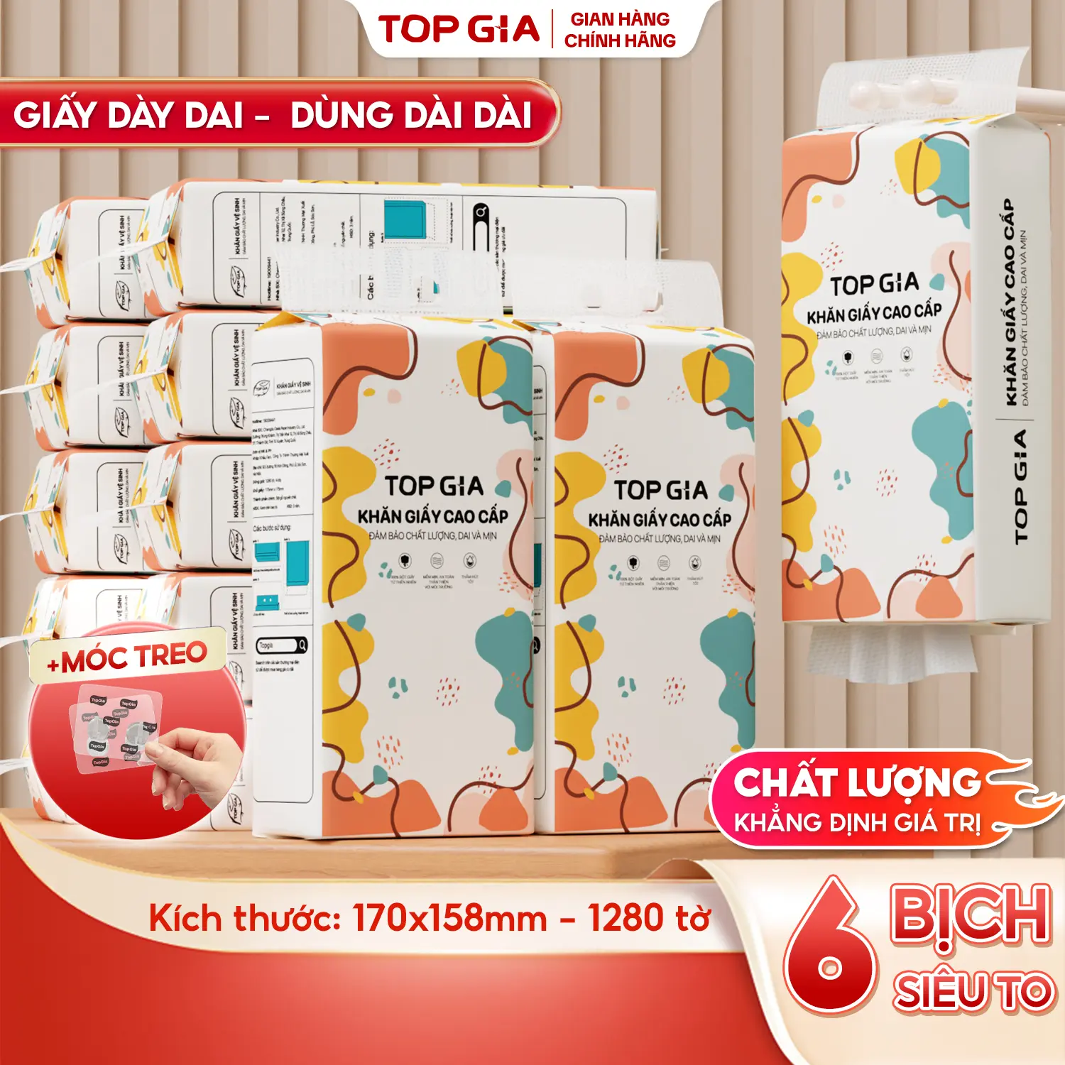 (SIZE XL- PREMIUM) COMBO 6 bịch khăn giấy CỠ ĐẠI đa sắc treo tường (mua 1 tặng móc treo tường) Giấy Ăn rút an toàn lành tính Giấy Vệ Sinh giấy rút đa năng treo tường (RDS)
