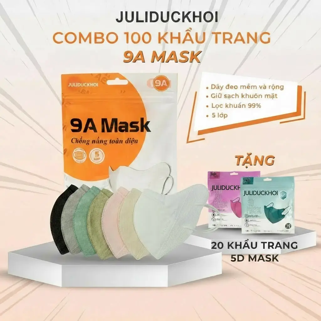 [ MUA 100 tặng 20c 5D ] Khẩu trang 9A JULIDUCKHOI 5 lớp Kháng khuẩn, Chống Nắng,Dày dặn che kín khuôn mặt - 1