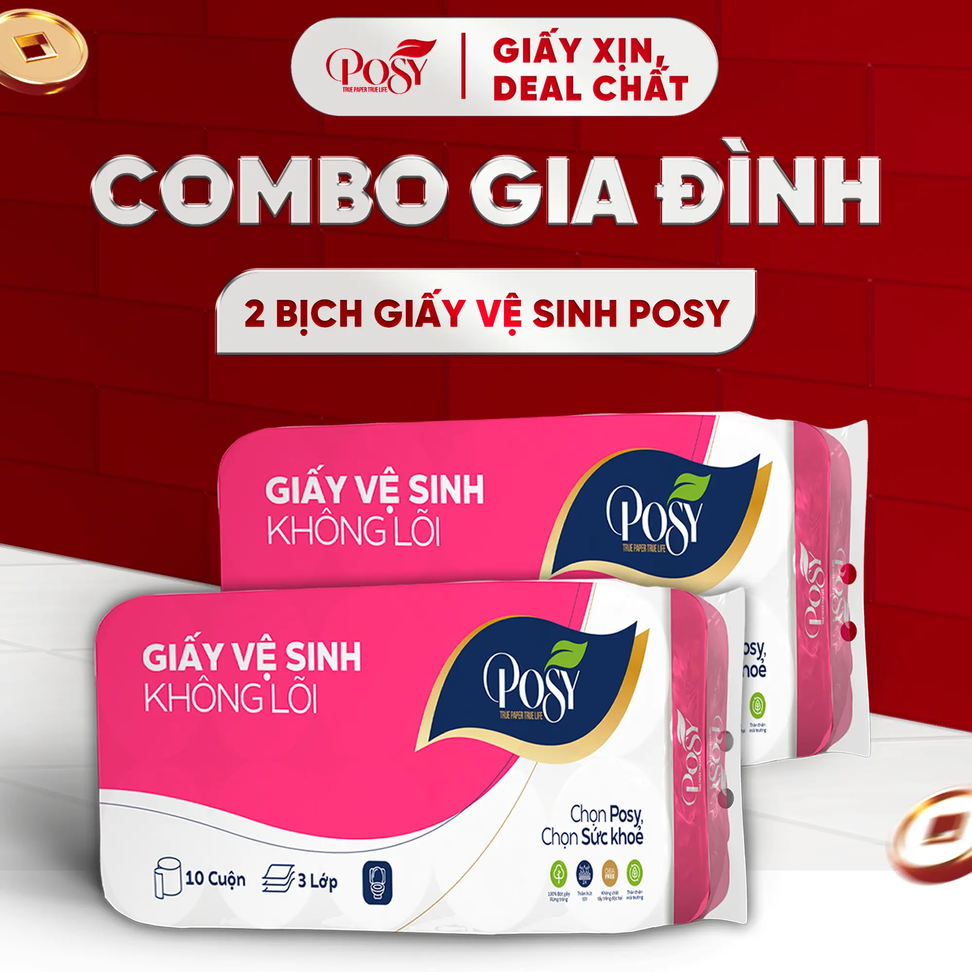 POSY - COMBO GIA ĐÌNH 02 BỊCH GIẤY VỆ SINH 10 CUỘN 3 LỚP CÓ LÕI/KO LÕI - Mềm mịn, thân thiện với môi trường tan nhanh trong nước