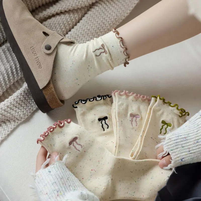 Set 10 Đôi Tất Cao Cổ Nữ Màu Muối Tiêu Họa Tiết Nơ Phong Cách Hàn Quốc Siêu Hot Cho Phái Đẹp