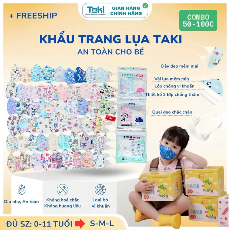 Taki [ Có Quà Tặng ] Vải LỤA - Khẩu Trang 5D Taki TRẺ EM [ 0 đến 11 TUỔI ] Mềm Mịn - Ngăn Ngừa Bụi Mịn - Chống Tia UV - Chính Hãng