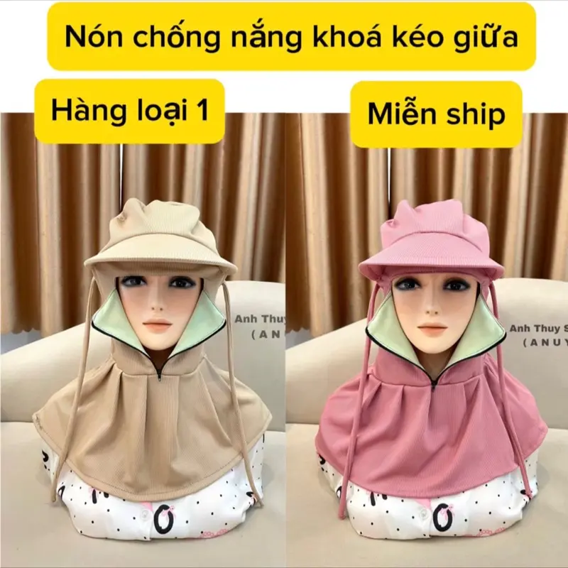 Nón Chống Nắng Khoá Kéo Giữa Vải Thun Gân Lạnh 2 Lớp Co Giãn