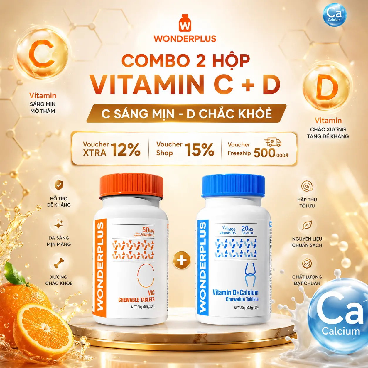 [COMBO vitamin C + D Canxi] Viên Nhai Bổ Sung Vitamin Wonderplus (60 viên/hộp) - Giúp Làn Da Rạng Rỡ - Tăng Cường Đề Kháng - Giúp Xương Chăc Khỏe