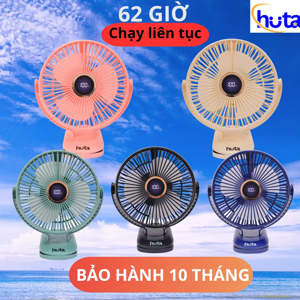 Quạt Kẹp HUTA Q22 Đường Kinh 20cm, Đồng Hồ Phần Trăm Pin, Dung Lượng Pin Trâu, Bảo Hành 10 Tháng