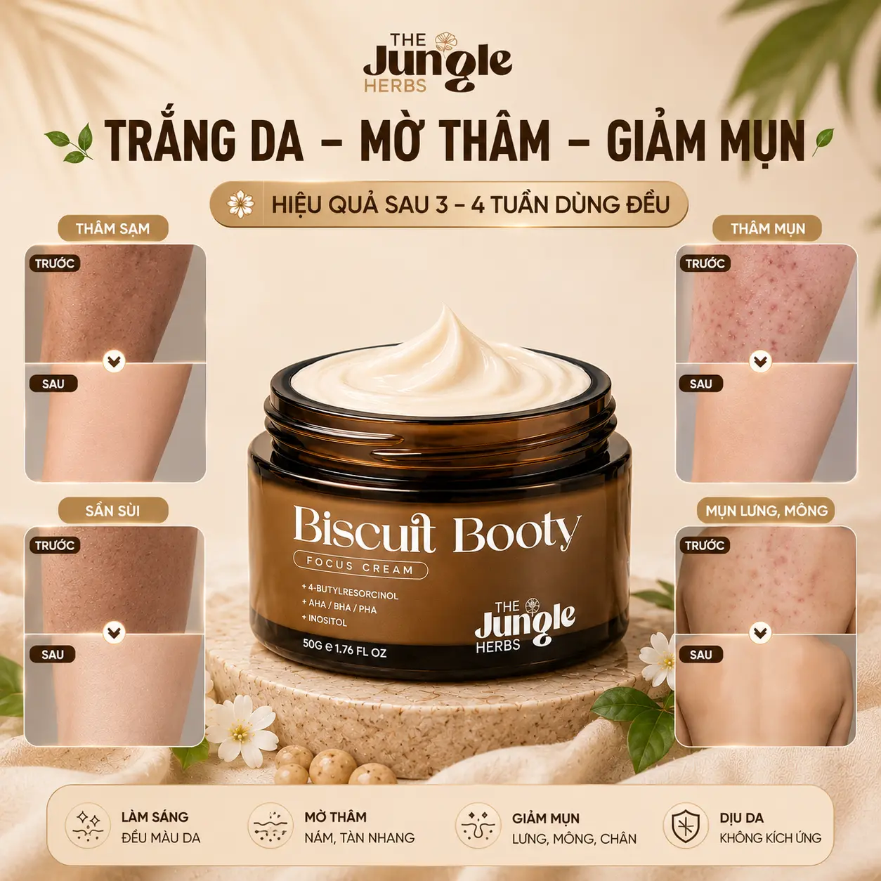 Kem hỗ trợ mờ THÂM, giảm MỤN vòng 3, nách, bẹn, giảm CHAI SẦN, giúp da MỀM MỊN Biscuit Booty - THE JUNGLE HERBS [CÓ CHE TÊN]