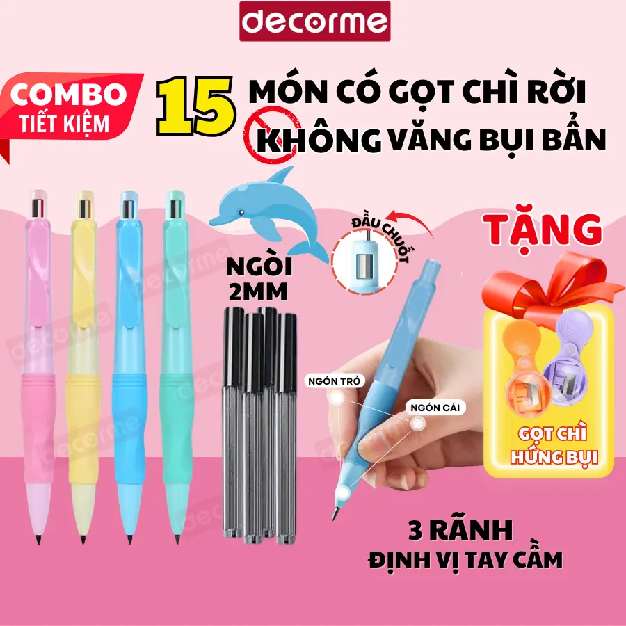 [COMBO 15 MÓN] Bút chì cá heo kèm hộp ngòi và 3 gôm tẩy cho bé tập viết Decorme giúp bé cầm bút đúng tư thế, viết lâu không đau, không mỏi tay đồ dùng học tập văn phòng phẩm