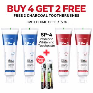 Buy 4 Get 2 Free! YAYASHI SP-4 Probiotic Brightening Toothpaste. Mint flavor. Blue for fresh breath, red for stain removal. Removes yellow, smoke, coffee & tea stains. Daily oral care for the whole family. Whitening Gentle Gentle