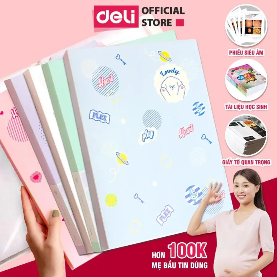 [TẶNG STICKER] File Lá Đa Năng - Sổ Đa Năng, Lưu Giữ Đề Thi Hình Ảnh, Giấy Tờ, File Lá Đựng Siêu Âm, Tài Liệu Nhà Cửa, Sắp Xếp Ngăn Nắp Bài Tập Ôn Thi, Đề Cương, Giấy A4 Deli - 20/30/40/60 Lá - Xanh Dương/Hồng/Trắng