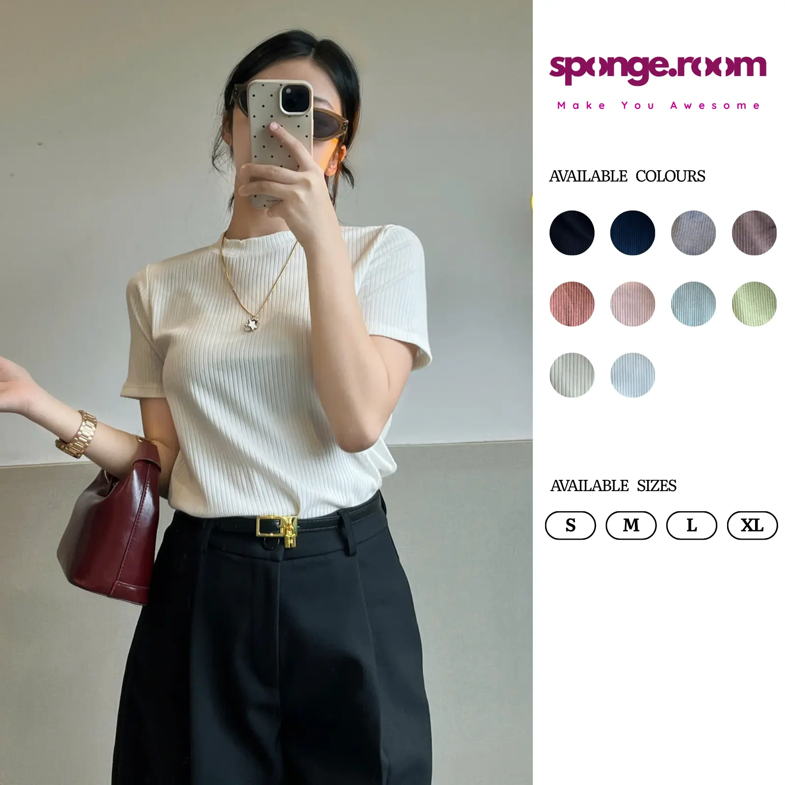 Áo thun bo đũa Basic SPONGE.ROOM trơn cổ tròn ngắn tay babytee Women-216