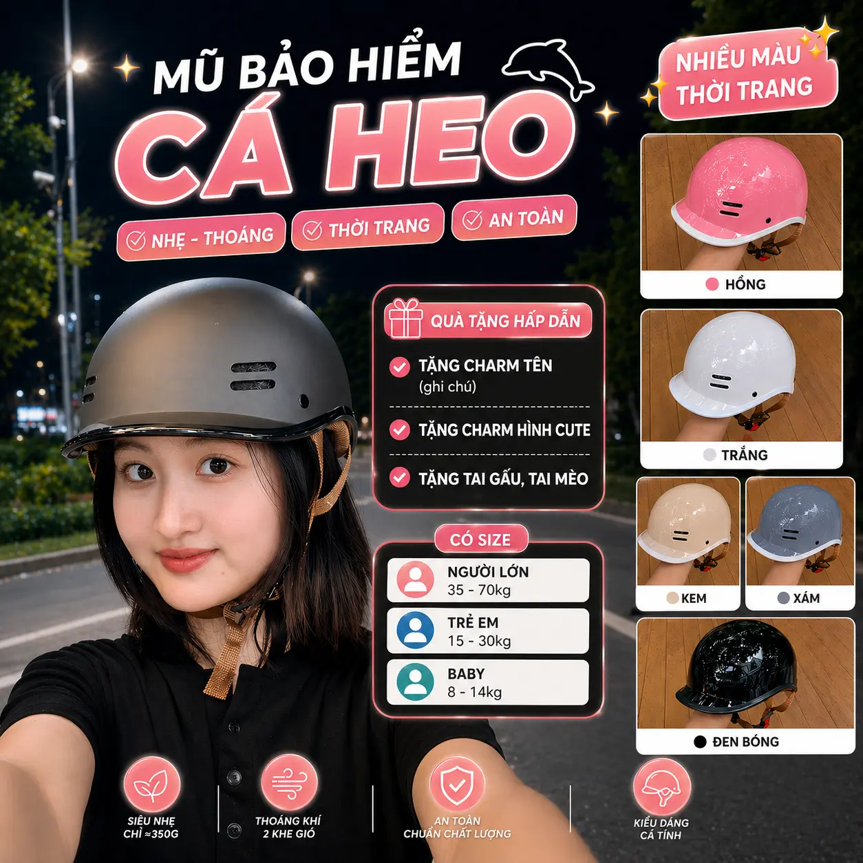 (Tặng charm + Tai gấu) - Mũ bảo hiểm đạt chuẩn CÁ HEO nửa đầu đủ màu, đạt chuẩn kiểm định Quatest