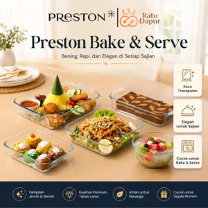 Preston Bake & Serve Glass Dish Mangkuk Kaca Borosilicate Food Grade Tahan Panas 450°C Oven Microwave Dishwasher Square Dish 500ml 800ml 1500ml 1600 1800 Rectangular Loaf 800ml Oval 700 Bowl 800ml Loyang Kaca Anti Retak Premium Original